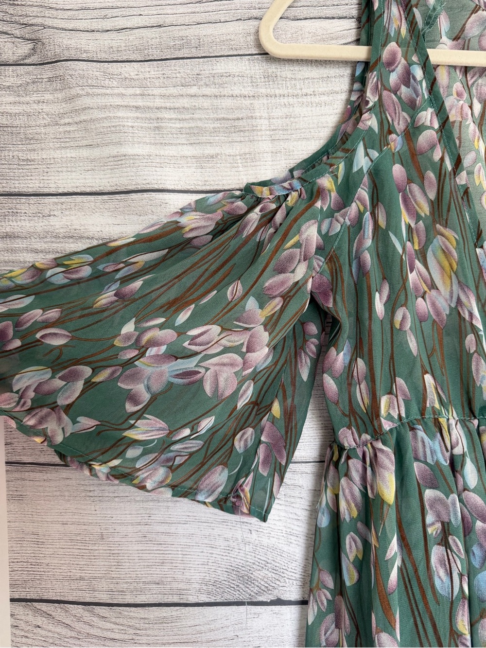 NWT Blu Heaven Floral Sheer Kimono Duster High Low Cold Shoulder Green M - Picture 2 of 7